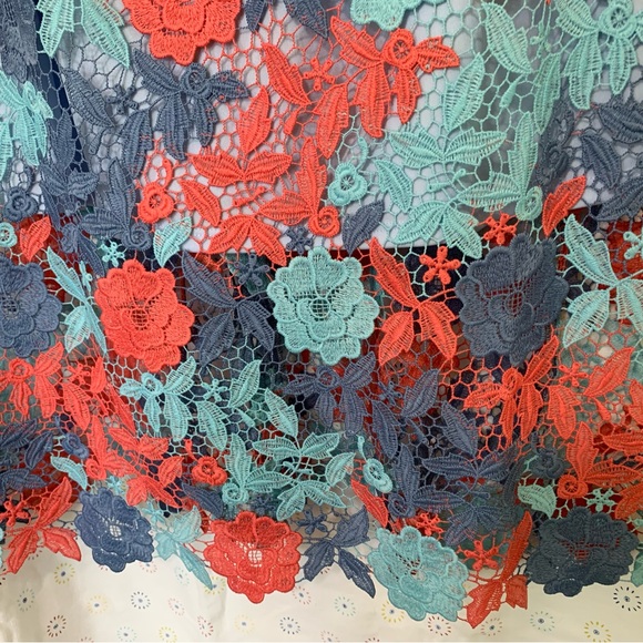 Sam Edelman Lace Dress Size 0 Pink Blue Lined Off On Shoulder Midi Pencil - Picture 5 of 9